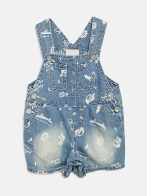Boys Medium Blue Printed Denim Dungarees